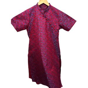 Modern Cheongsam Qipao Red & Blue Floral Jacquard Tunic Top Style Polyester